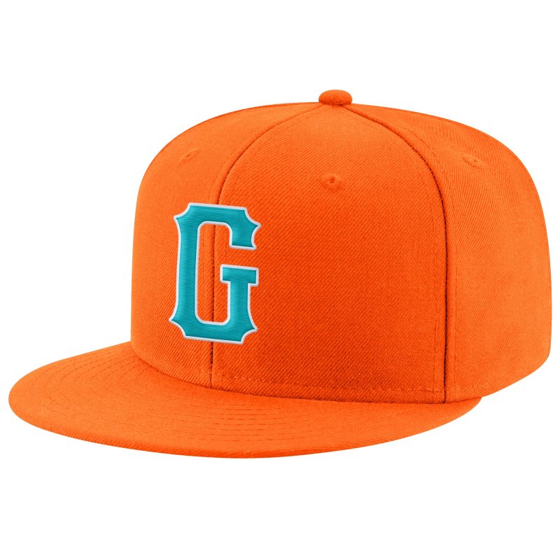 47db1e71736597e493ee0c4b1f19bb30 Custom Orange Aqua-White Stitched Adjustable Snapback Hat - Image 1