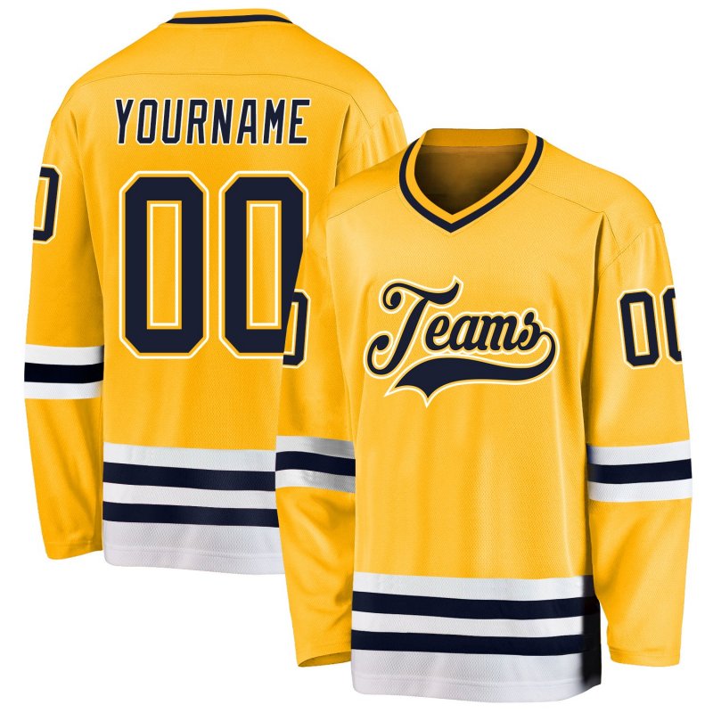 5013281cbe91aa478cdaf41ee4d9afe6 Men's Custom Gold Navy-White Hockey Jersey - Image 1